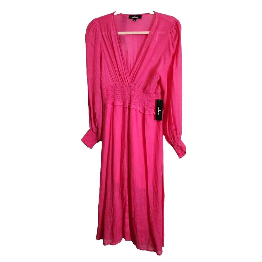 Lulus Go For It Bright Pink Long Sleeve Lined Midi Dress Fit Flare Smocked S NWT